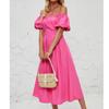 Women's Loose Long Off Shoulder Bubble Short Sleeved Pleated High Waisted Solid Color Dress