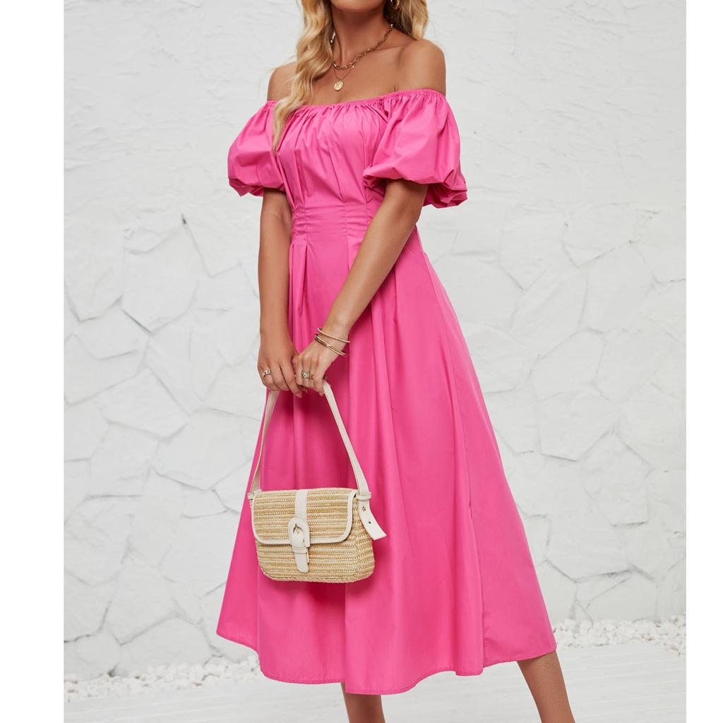 Women's Loose Long Off Shoulder Bubble Short Sleeved Pleated High Waisted Solid Color Dress