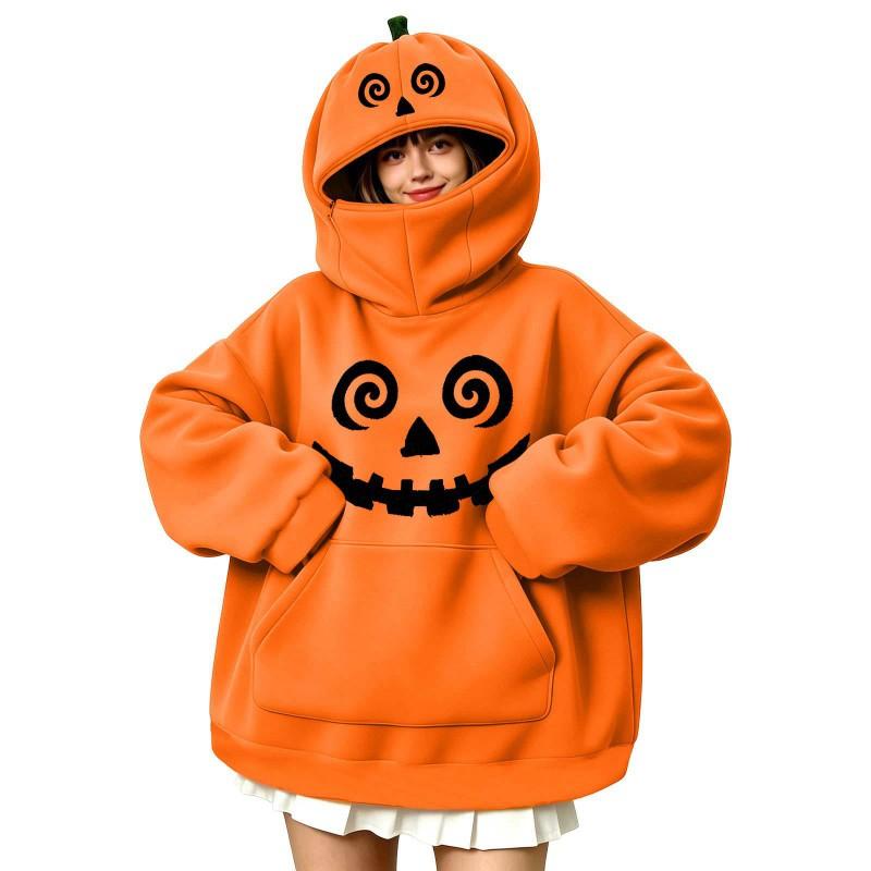 Halloween Pumpkin Print Hooded Sweatshirt Women Casual Long Sleeve Top