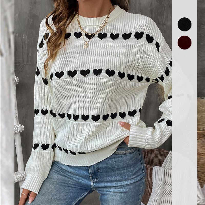 2026 Autumn/Winter Sweet Date Heart Pattern Knit Sweater for Women - Long Sleeve