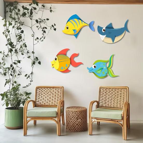 4 Pcs Wood Fish Nautical Wall Decor, Ocean Fish Shark Rustic Hanging Beach Decor, Cartoon Coastal Wall Art for Living Room, Nursery