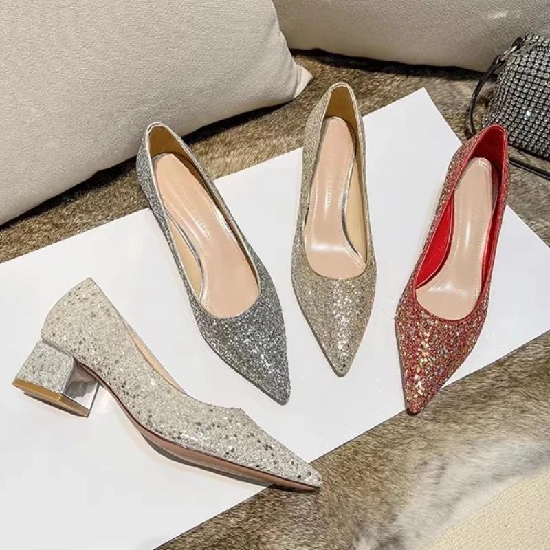 Women Pumps Sparkly Mid Heels Party Shoes for Women Sequins Glitter Heels Women Wedding Bridal High Heels Shoes Zapatos De Mujer