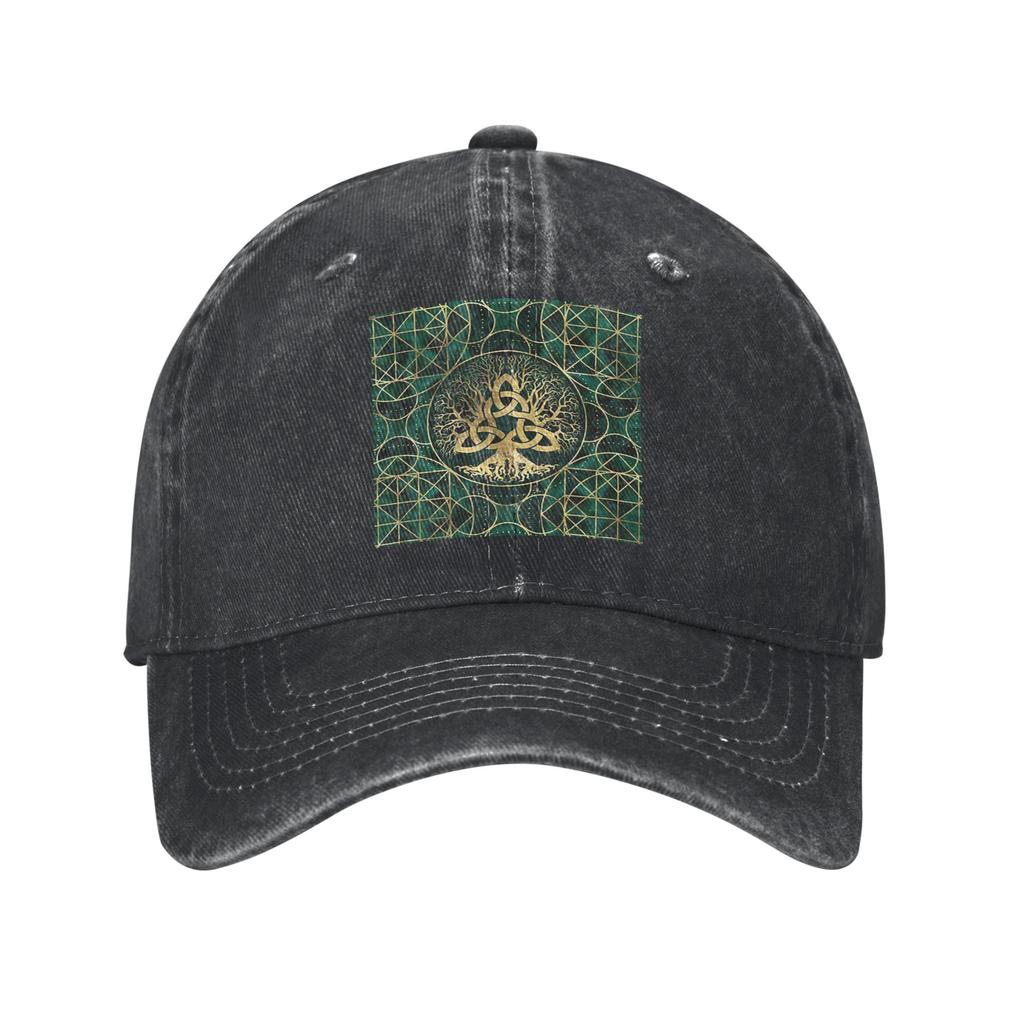 Tree of life with Triquetra Malachite and Gold Denim Cap Casual Baseball Caps Adjustable Hat Summer Unisex Baseball Hats