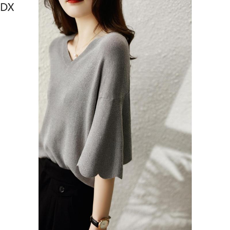 DX-Micro расклешенный топ с лепестковыми рукавами и v-образным вырезом, женская летняя вязаная футболка, свободный свитер из ледяного шелка с короткими рукавами, тонкая женская рубашка в иностранном стиле