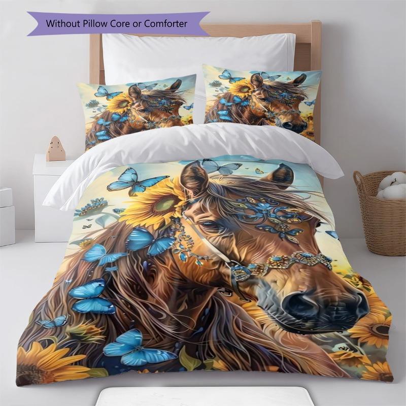 Brown Horse Sunflower Blue Butterfly Print Duvet Cover Set 3 Pieces Floral Animal Bedding Set Bedroom Home Decor Bedding Without Pillow Core Comforter