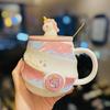 Cute Cartoon Unicorn Ceramic Mug with Lid Spoon Girlish Home Drinking Cup Office Coffee Cup