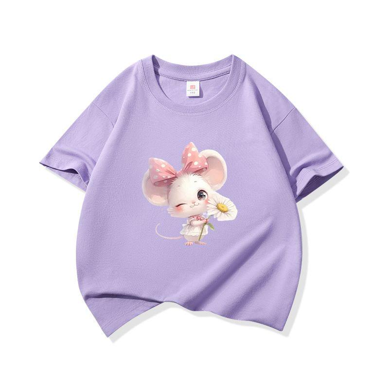 Kids Cotton T Shirt Adorable Mouse With Bow Flower Print Crew Neck Short Sleeve Tee Casual Boys Girls Summer Tops
