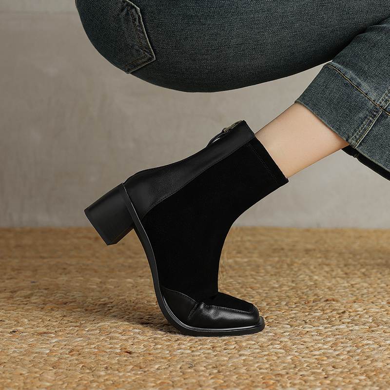 Krazing Pot Cow Suede Nubuck Autumn Winter Shoes Thick Heels Size 42 Square Toe Zipper Vintage Ankle Boots