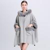 879 Fall Winter Faux Rabbit Fur Hooded Cape Cardigan Loose Plus Size Coat With Pockets