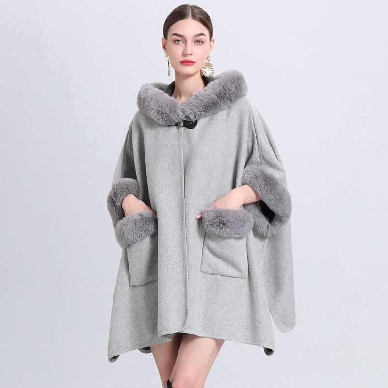 879 Fall Winter Faux Rabbit Fur Hooded Cape Cardigan Loose Plus Size Coat With Pockets