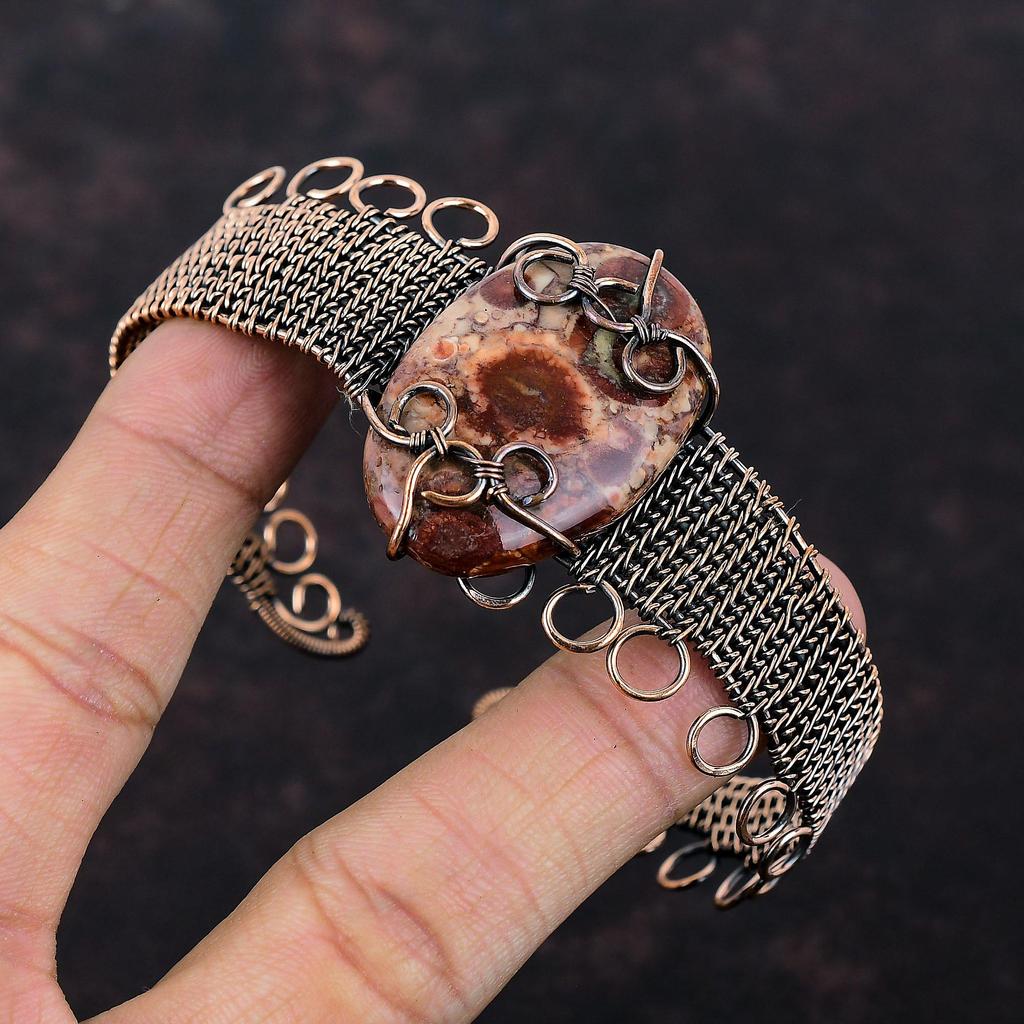 Браслет из драгоценных камней Birds Eye Jasper, браслет-манжета с медной проволокой, регулируемый браслет ручной работы, браслет с медной проволокой, ювелирное изделие в подарок для него