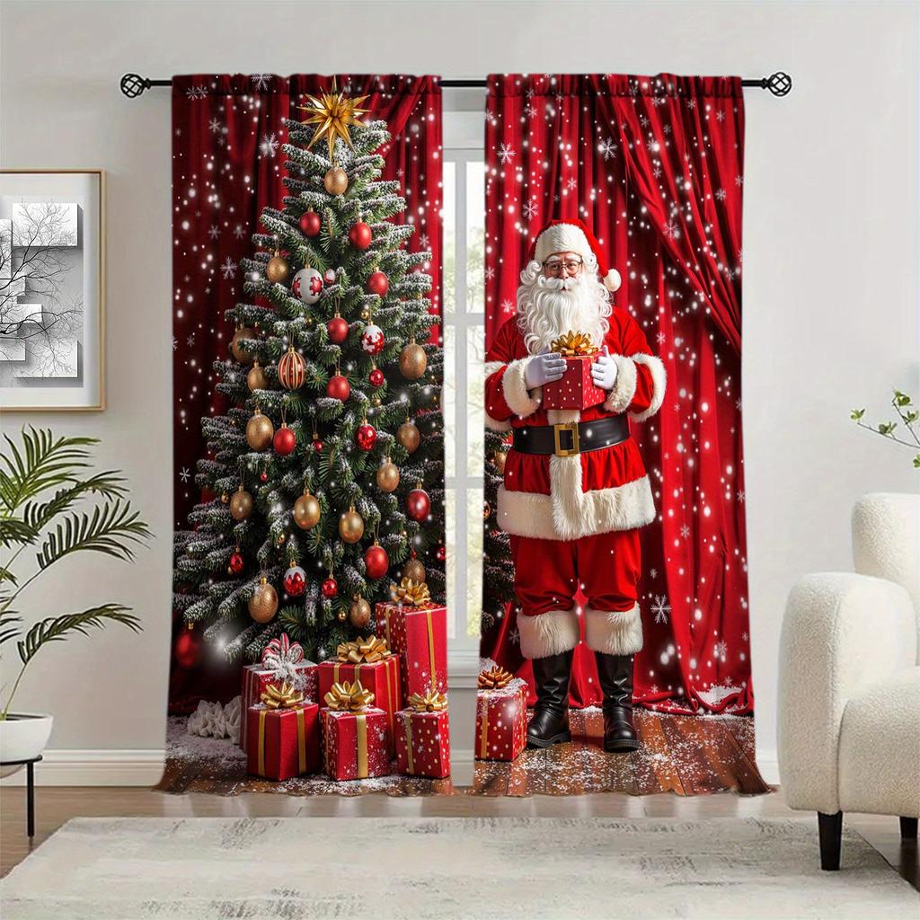 2-панельные шторы с изображением Санта-Клауса и рождественской елки — дизайн с карманами на штанге, теплоизоляция и блокировка света для украшения окон