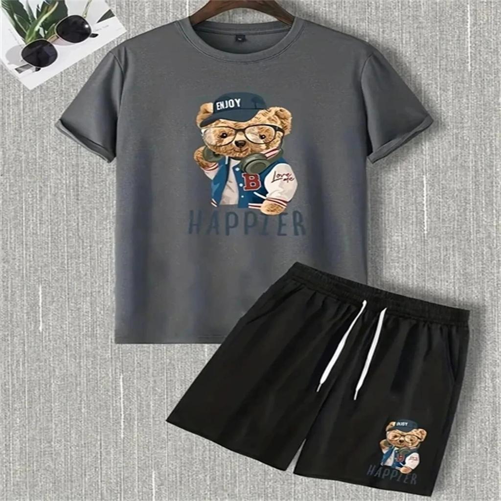 Мужской комплект одежды из 2 предметов с крутым медвежьим принтом, повседневная футболка и свободные шорты на шнуровке, летняя футболка для мужчин