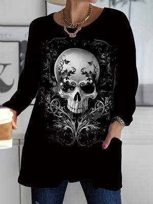 2025 Осень Зима Новые Женские Топы Большого Размера, Темные Модные Футболки с 3D-принтом, с Круглым Вырезом и Длинным Рукавом