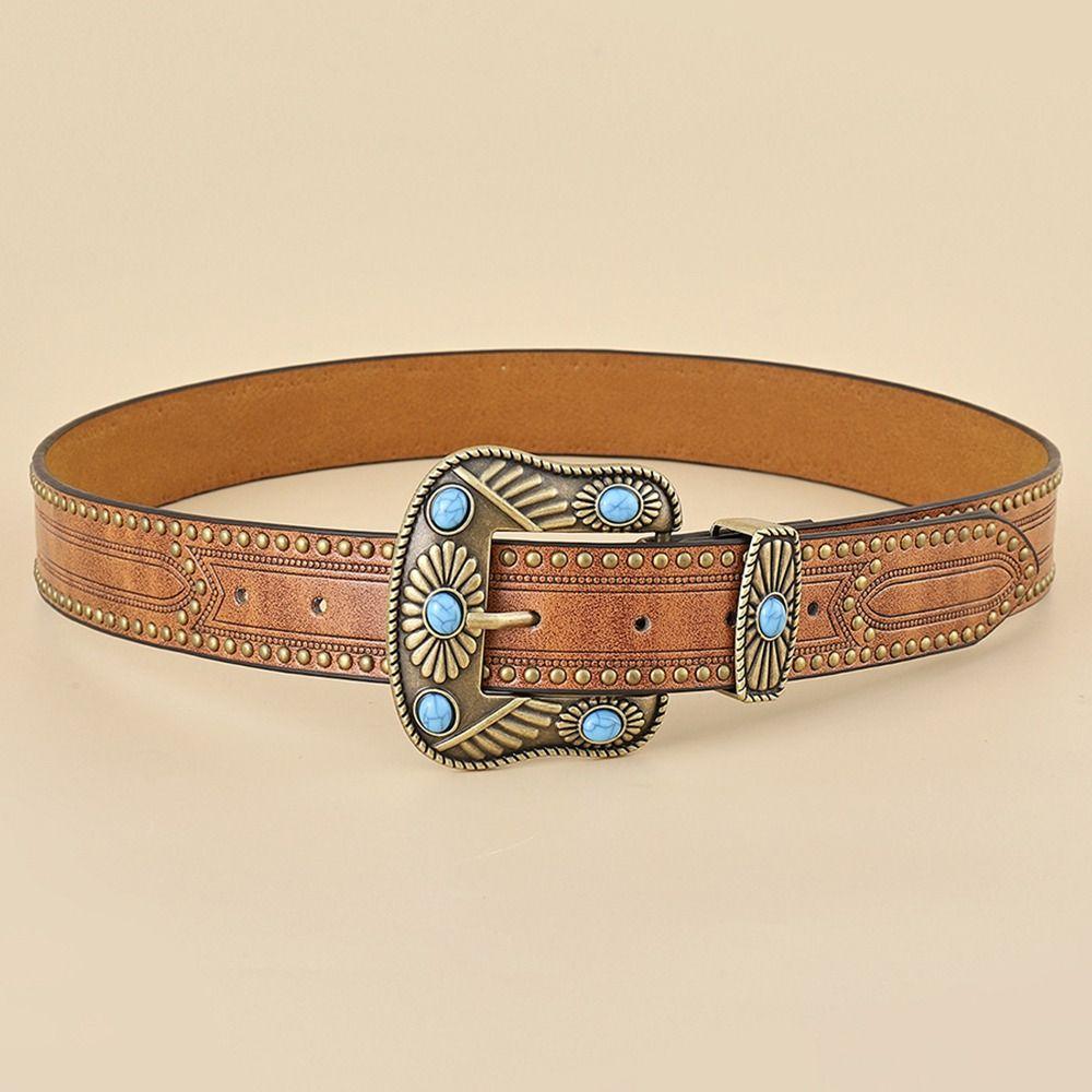 PU Leather Floral Engraved Leather Belt Cowgirl Cowboy Country Belts  for Jeans Pant
