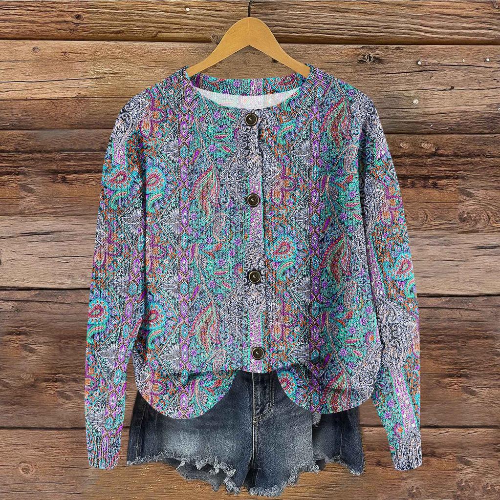 Women's Vintage Knit Button Vintage Print Cardigan Jacket