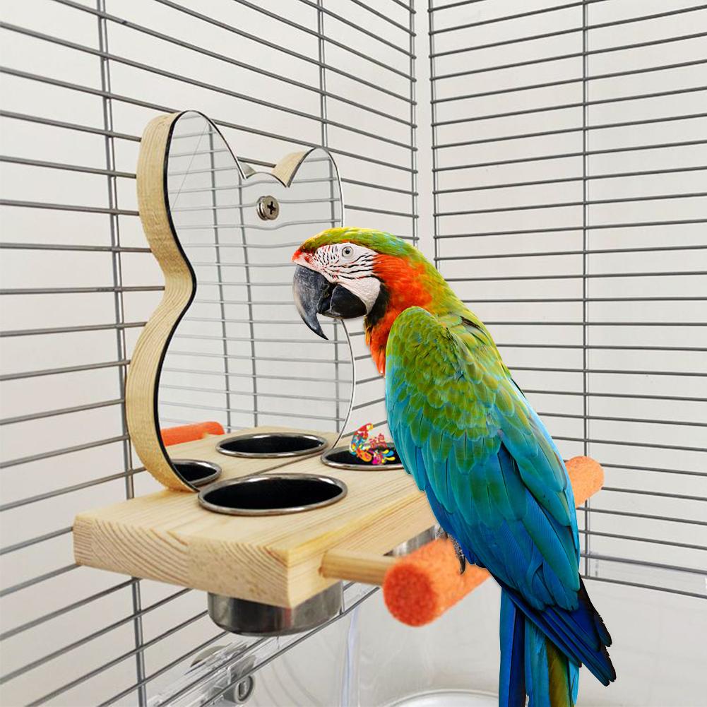 Kolip Parrots Mirror With Feeder Cups Bowl Wooden Birds Interactive Self-happy Toy Puzzle Toy