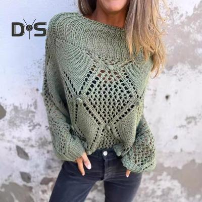 Женский свитер с круглым вырезом и длинным рукавом, ажурный дизайн, жаккардовый декор, вязаные топы, однотонный свободный покрой, повседневный свитер