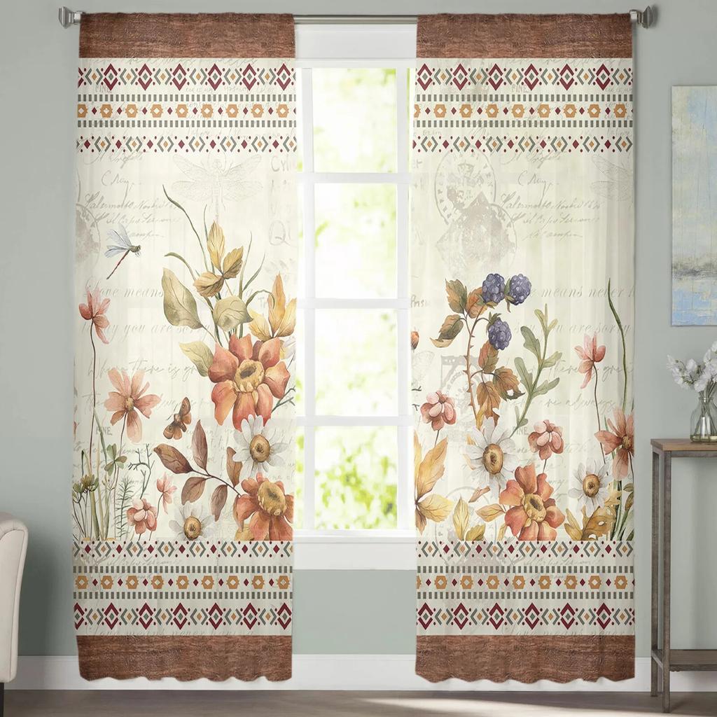 Autumn Plant Flowers Pastoral Style Retro Bedroom Transparent Sheer Curtains Holiday Decoration Window Voile Tulle Curtain