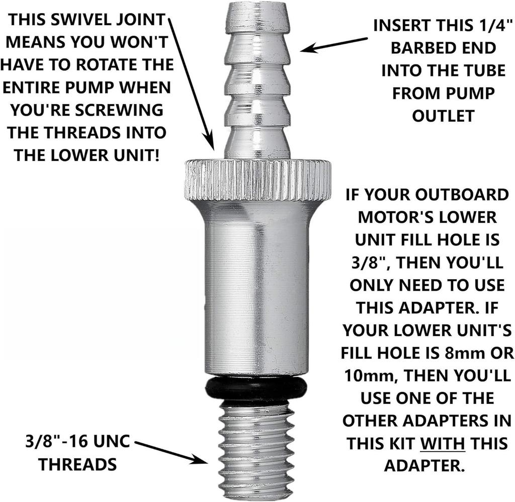 Lower Unit Gear Oil Pump for Standard Quart Bottles Includes 3/8 Inch Metal Swivel 8mm/10mm Fit Most Marine Boat Outboard Motors