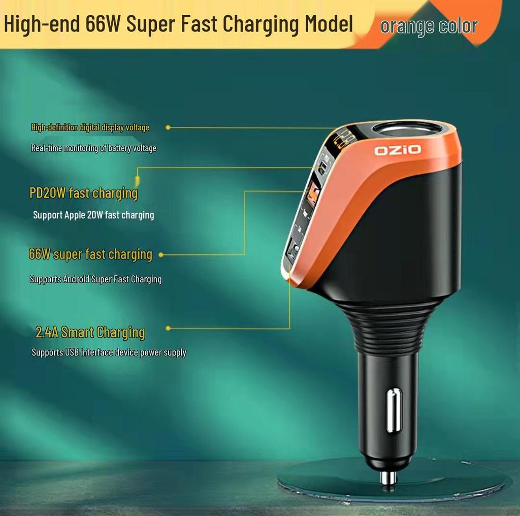 Автомобильное зарядное устройство Oshur с быстрой зарядкой, расширением USB и тройным адаптером прикуривателя