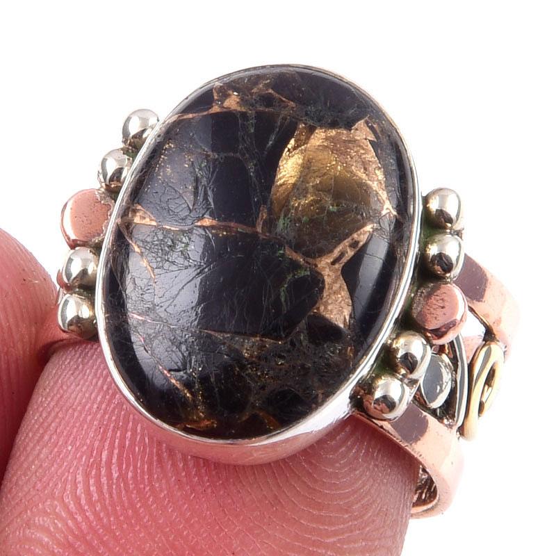 Natural Black Turquoise Gemstone 925 Sterling Silver Two Tone Ring Size 7.5 D2K15