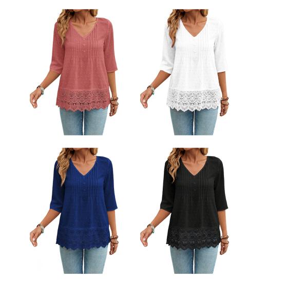 Женская рубашка с V-образным вырезом, рукавом 3/4, повседневная, с кружевной вставкой на подоле, жаккардовым декором, однотонная, дышащая