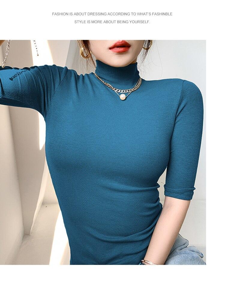 Модная базовая хлопковая футболка с высоким воротником, универсальные футболки с короткими рукавами, женская повседневная эластичная белая футболка, женский топ 20398