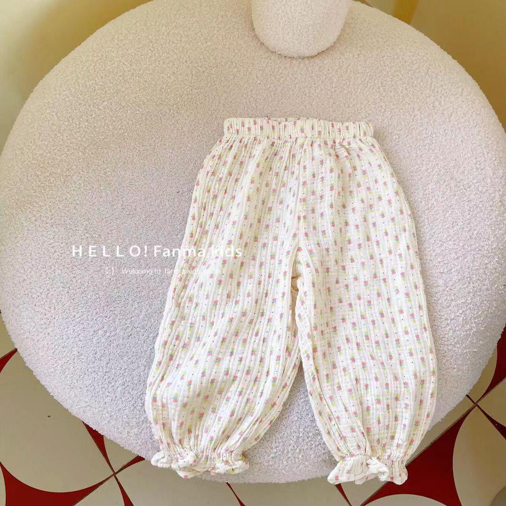 Летние солнцезащитные брюки для девочек в стиле ретро с цветочным принтом - пляжные брюки со средней и высокой талией и функцией защиты от комаров