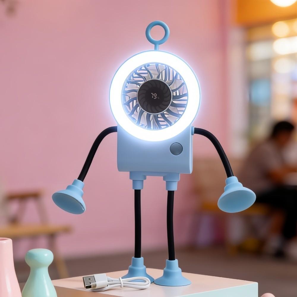 USB Rechargeable Robot Suction Cup Fan Quiet Operation Digital Display Desk Fan 5 Speed Adjustable Flexible Bendable