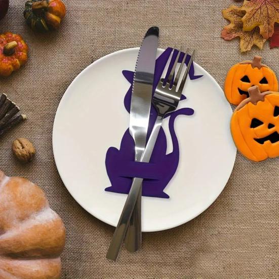 12Pcs Halloween Bat Spoon Fork Holder Spooky Pumpkin Skeleton Ghost Spider Black Cat Cutlery Felt Cover Holiday Party Dining Table Decoration