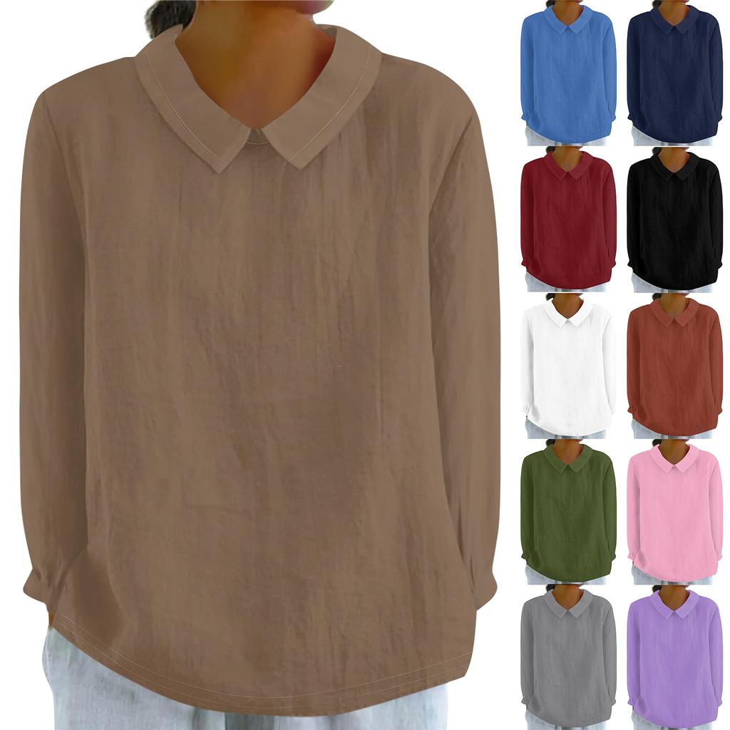 Women's Fashion Doll Collar Long Sleeve Loose Solid Color Shirt Casual Button Top