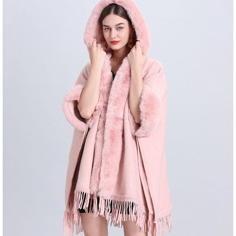 Зимняя женская куртка-накидка с шалью, свободная клетчатая подкладка с утолщенным меховым воротником, вязаная твидовая куртка-шаль с семиточечным рукавом и шляпой