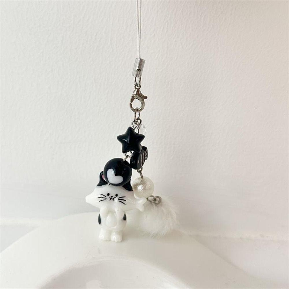 Cat Figurine Cat Phone Chain Stylish Y2K Fur Ball Key Ring Hairball Bead Pendant Girls Gift
