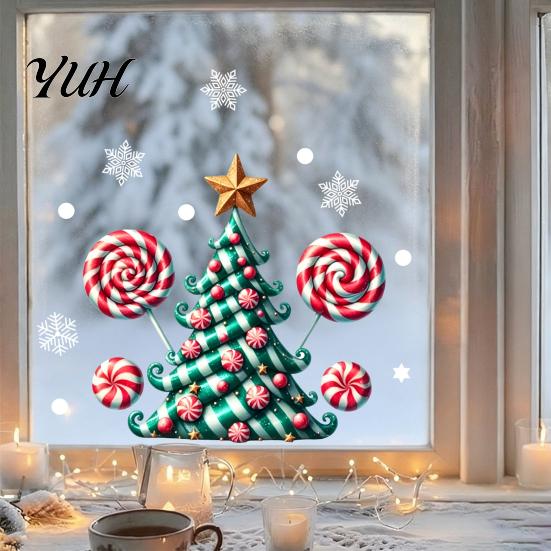 Snowflake Polka Dot Glass Clings Candy Christmas Tree Window Static Sticker, Waterproof PVC Removable Colorful Patterned Decals Clings, Decorative