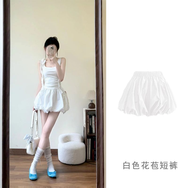 White Puffy Bud Short Culottes Women's Summer Thin High Waist A- line Wide Leg Pants Slim Looking Small Quick-Drying Bloomers