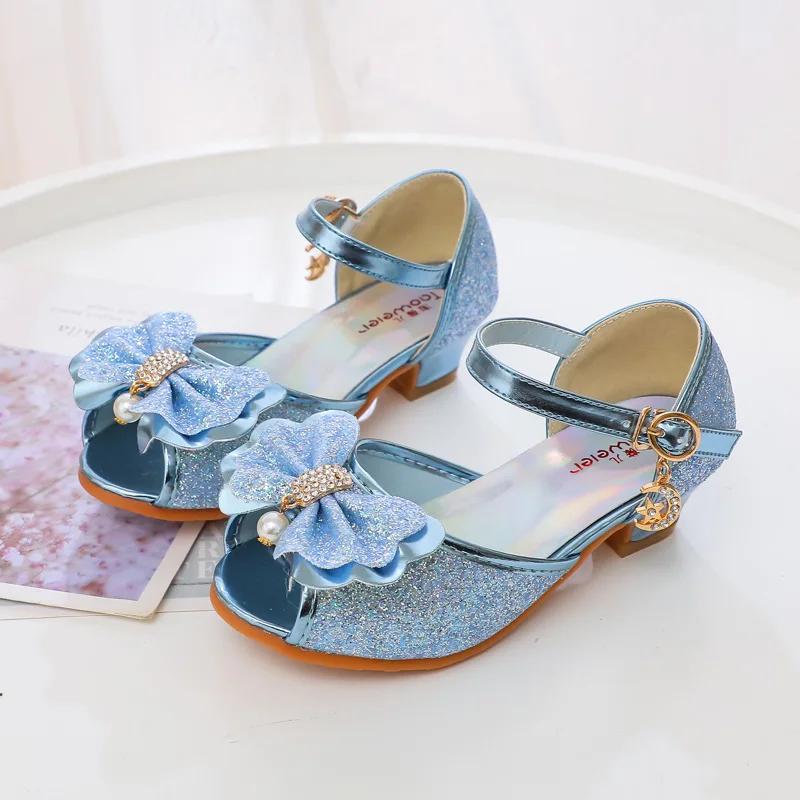 Весна Осень Девочки Кожаные Туфли Мэри Джейн Модные Блестящие Бантики Детские Принцессы Тонкие Туфли Блестки Детские Сандалии На Высоком Каблуке