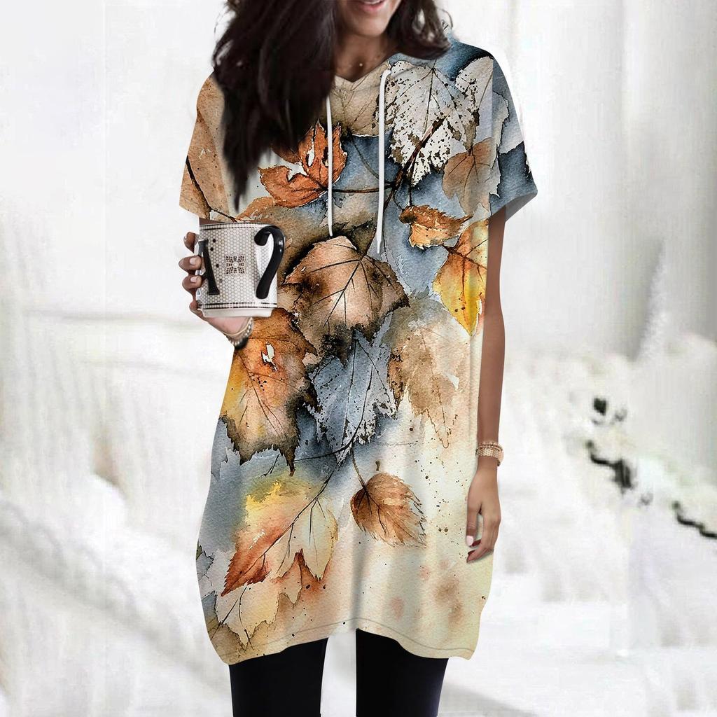 Women's  Hoodies Casual Short Sleeve Shirts Fashion Print Tunic Tops With Pockets