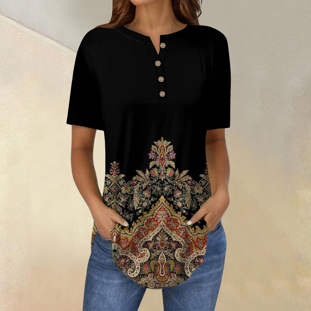 Short Sleeve Womens Tops Summer T-Shirts Floral Print V Neck Casual Basic Tee Button Shirts Tunic Tops