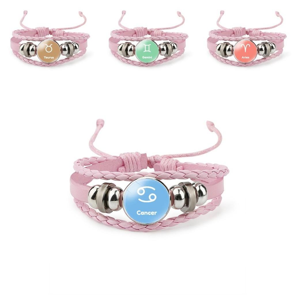 Стильный розовый кожаный браслет со знаками зодиака Овен Телец Близнецы Рак Лев Весы
