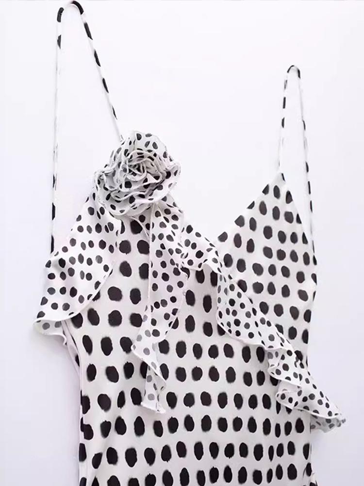 Длинное платье на бретельках с принтом в горошек, женское длинное платье с v-образным вырезом, без рукавов, с открытой спиной и 3D цветком, женское летнее праздничное женское платье