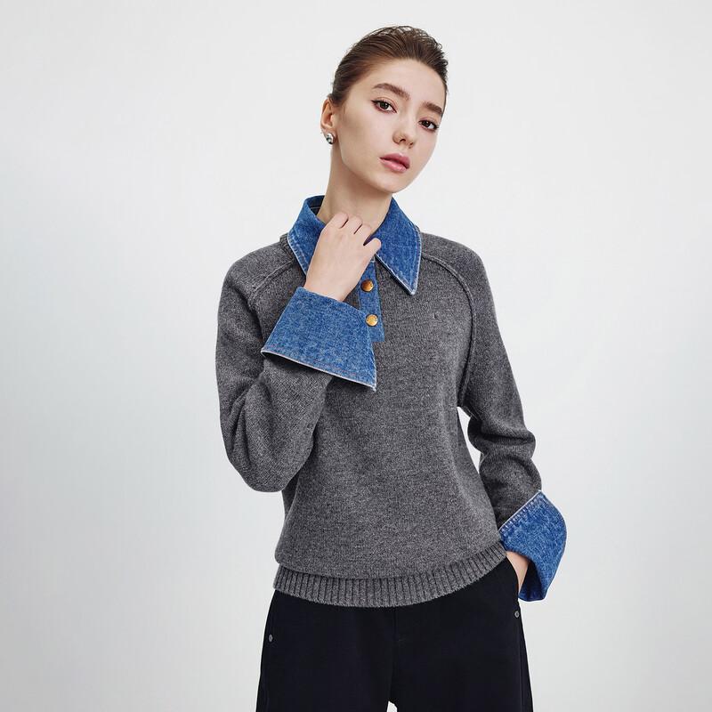 Navigare Women's Denim Patchwork Shirt Collar Knit Sweater