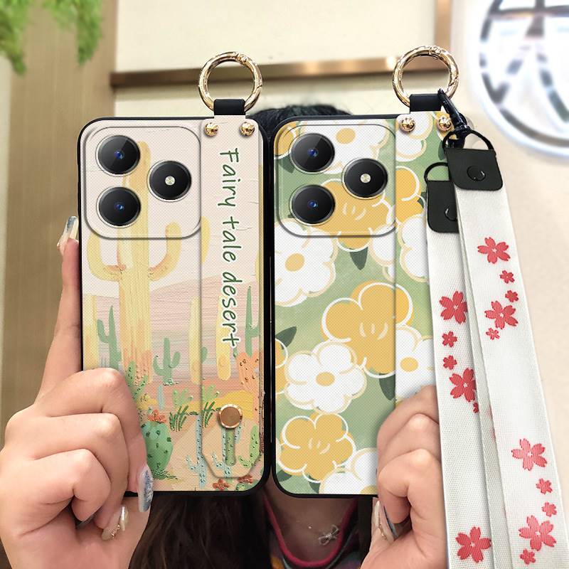 Soft Case Back Cover Phone Case For Realme C63 4G/C61 4G Wrist Strap Lanyard Protective Wristband Oil Painting Anti-dust