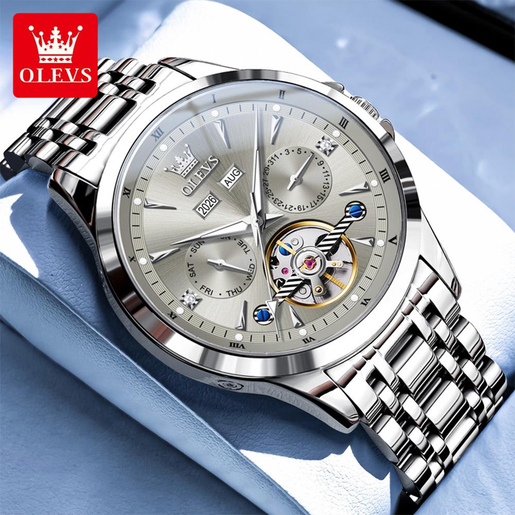 OLEVS Automatic Man Watch Skeleton Flywheel Luxury Original Mechanical Wristwatch Waterproof Stainless Steel Men's Watches 7091