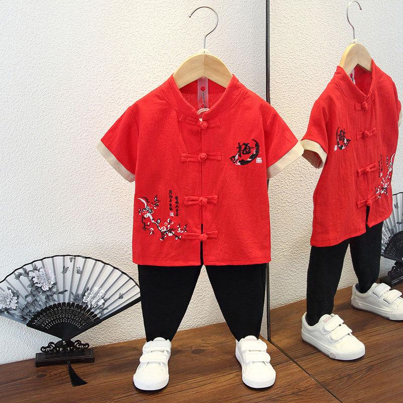 Летний костюм ханбок для мальчиков в стиле «цветение сливы», ретро-детский костюм в стиле Тан, летний костюм для мальчиков и детей в старинном стиле, из хлопка и льна, тонкая секция из пеньки в китайском стиле