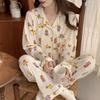 Spring and Autumn Women's Pajamas Homewear Set Girls Wrinkled Cloth Loose Long-Sleeved Cute Cartoon Students Loose Pajama