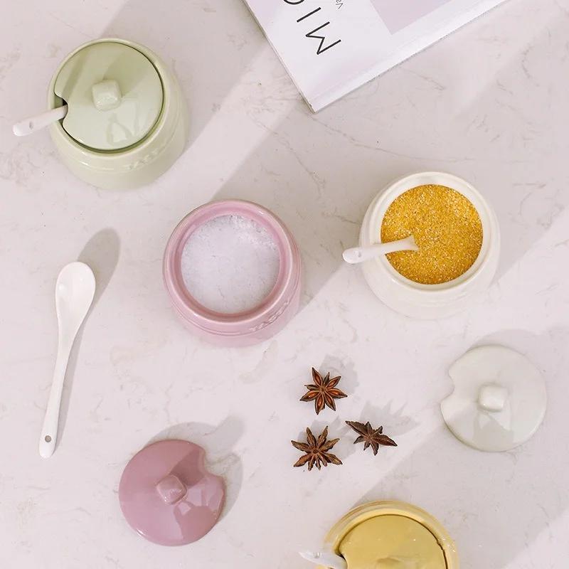 Porcelain Condiment Jar Container with Lid Spoon Ceramic Sugar Bowls Seasoning Box Salt Jars Tea Caddy for Kitchen Countertop
