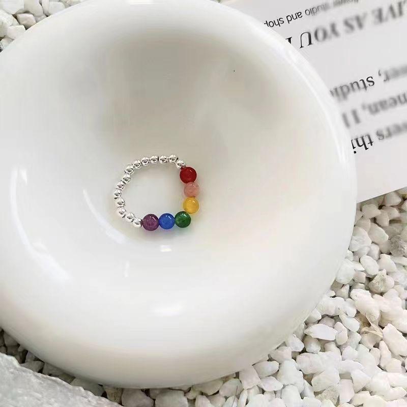 2025 Trendy High-End Colorful Beaded Silver Elastic Ring for Women