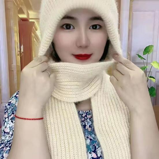 Women Winter Hat with Scarf Thick Warm Plush Windproof Cycling Headwear Solid Color Elastic