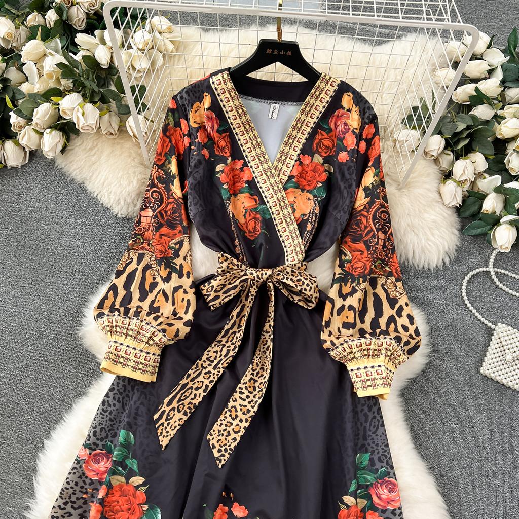 Весенне-осеннее женское винтажное праздничное платье с принтом и v-образным вырезом на шнуровке, длинное платье макси до щиколотки